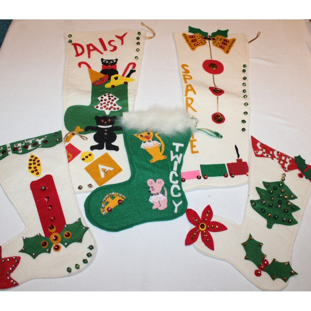 VTG handmade felt Christmas stockings pet names Fitzy Sparkle Daisy Susie Twiggy